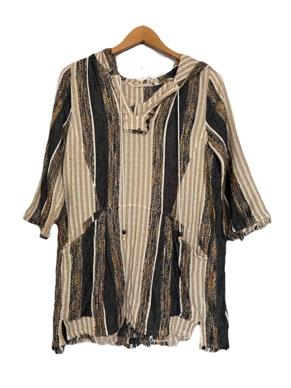 Soft Surroundings Mixed Media Tan Green Striped Pullover Hoodie Sz M Pocket Boho